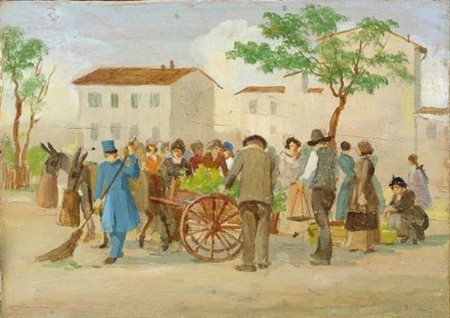 Anonimo del XX sec. MERCATO RIONALE Olio su tavola, cm. 7,7x11 Titolo sul verso.