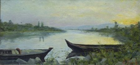 Guglielmo Zocchi (Firenze, 1874) BARCHE NEL FIUME Olio su cartone, cm. 18x36...