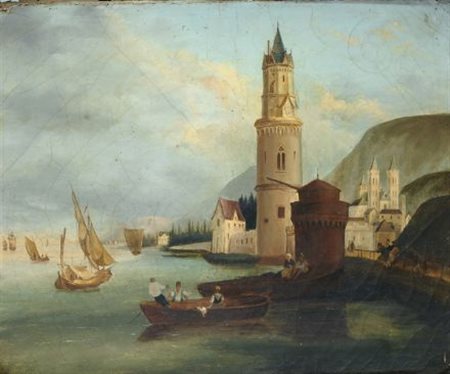 Anonimo, sec. XIX PAESE SUL LAGO Olio su tela, cm. 28x46