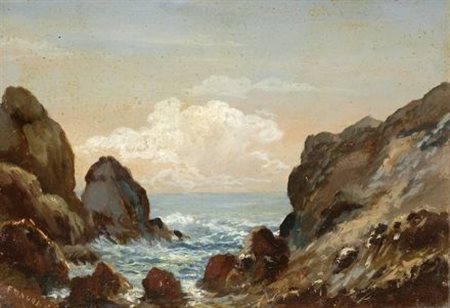 Fausto Magni (Livorno, 1906 - 1985) SCOGLIERA Olio su cartone, cm. 20,5x29,7...