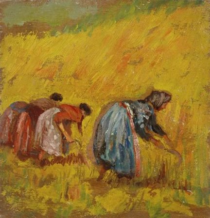 Anonimo del XX sec. SPIGOLATRICI Olio su tavola, cm. 15,7x15