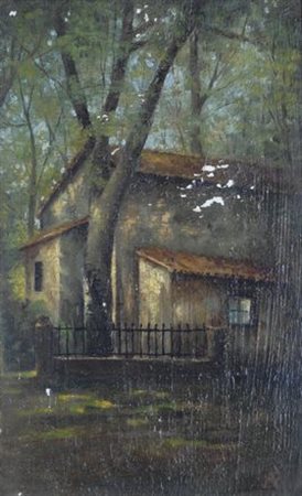 Anonimo del XX sec. CASOLARE Olio su cartone, cm. 30,5x19,3 Siglato in basso...