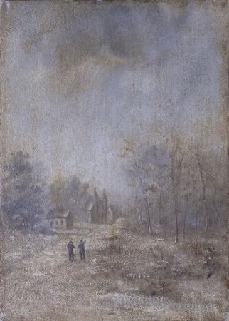 Anonimo del XX sec. PAESAGGIO CON FIGURE Olio su tela, cm. 28,5x20,5 Sigla in...