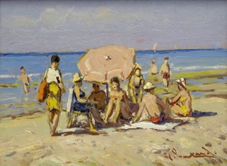 Giorgio Luxardo (Zara, 1930) BAGNANTI CON OMBRELLONE ROSSO Olio su tavola,...