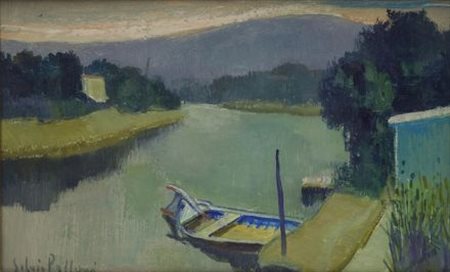 Silvio Polloni (Firenze, 1888 - 1972) BARCA SUL FIUME Olio su compensato, cm....