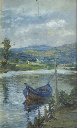 Eugenio Chiostri (Firenze, 1885 - 1973) BARCA SUL CANALE Olio su tavola, cm....