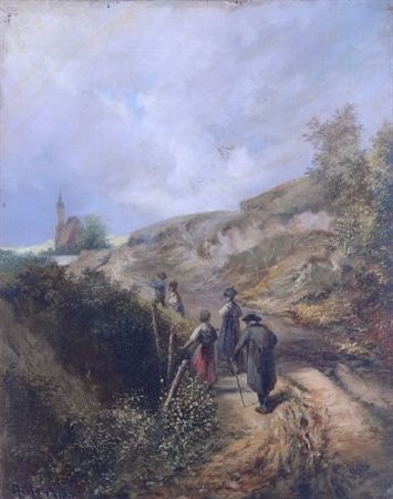 G. Heins VIANDANTI Olio su tela, cm. 50,5x39,9 Firma in basso a sinistra.