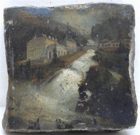 Anonimo del XIX sec. VILLA SUL TORRENTE Olio su pietra, cm. 7x7