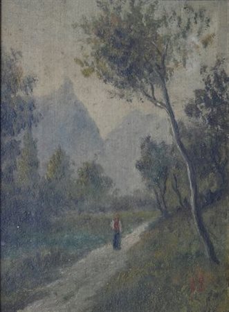 Anonimo, fine XIX PAESAGGIO CON CONTADINA Olio su cartone, cm. 15x11,5