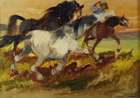 Basso Ragni (Termoli, 1921 - Livorno, 1979) BUTTERI Olio su tela, cm. 50x70...