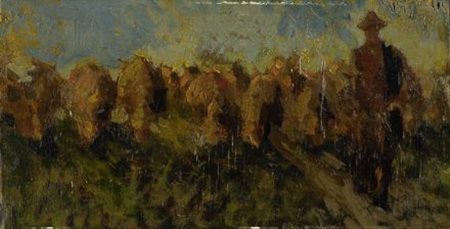 Ulisse Pichi (Livorno, 1867 - 1925) PASTORE CON GREGGE Olio su compensato,...