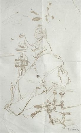 Francesco Vinea (Forli’, 1845 - Firenze, 1902) DAMA CON CAGNOLINO China su...