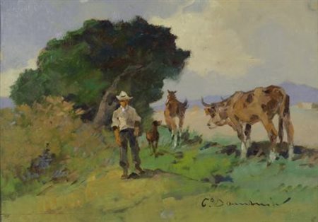 Carlo Domenici (Livorno, 1898 - 1981) PASCOLO Olio su compensato, cm. 35x50,5...