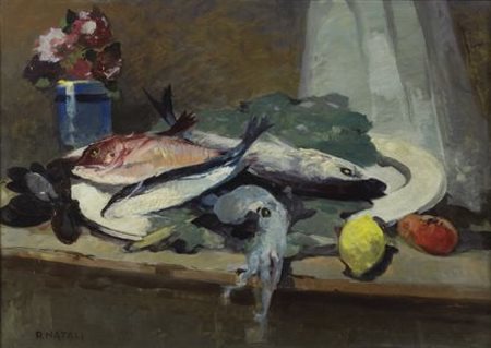 Renato Natali (Livorno, 1883 - 1979) NATURA MORTA CON PESCI, ANNI ‘40 Olio su...