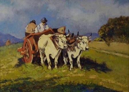 Carlo Domenici (Livorno, 1898 - 1981) CARRO CON BUOI Olio su compensato, cm....