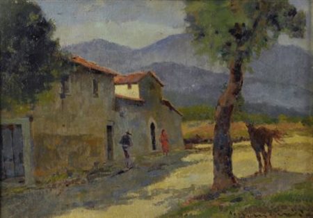 Carlo Domenici (Livorno, 1898 - 1981) CASE E FIGURA Olio su compensato, cm....