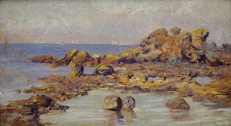 Guglielmo Micheli (Livorno, 1862 - 1926) LA SCOGLIERA Olio su tavola, cm....