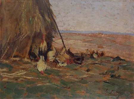 Giovanni Lomi (Livorno, 1889 - 1969) POLLI AL PAGLIAIO Olio su tavoletta, cm....