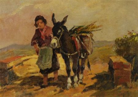 Carlo Domenici (Livorno, 1898 - 1981) CONTADINA CON ASINO Olio su compensato,...