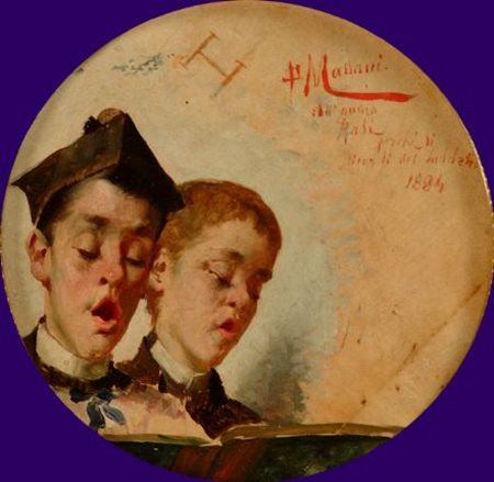 Pompeo Massani (Firenze, 1850 - 1920) IL CORO, 1884 Olio su cartone, diam....