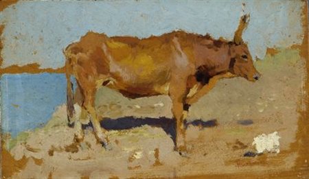 Federico Rossano (Napoli, 1835 - 1912) BUE Olio su tavola, cm. 11x18 Firma in...