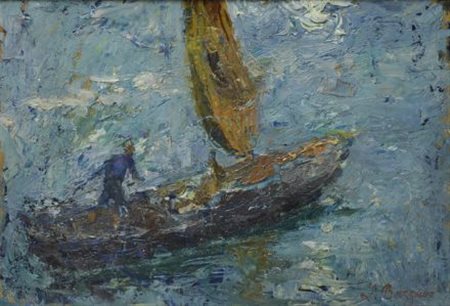 Leonardo Bazzaro (Milano, 1853 - 1937) BARCA A VELA Olio su tavola, 27x40 cm...