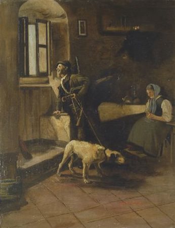 Silvio Galli RITORNO DALLA CACCIA Olio su compensato, cm. 65x51,5 Firma in...