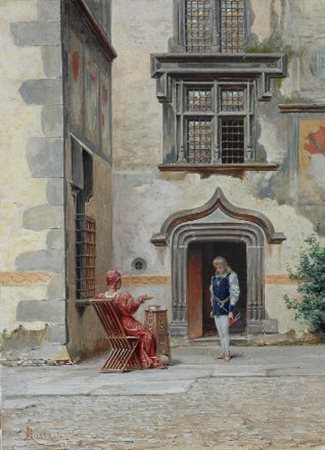 Adolfo Dalbesio (Torino, 1860 - 1915) AU CHATEAU D’ ISSOGNE Acquerello su...