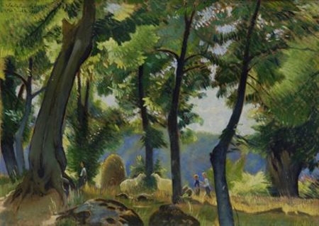 Valentino Ghiglia (Firenze, 1903 - 1960) PRATOVALLE, 1939 Olio su cartone,...