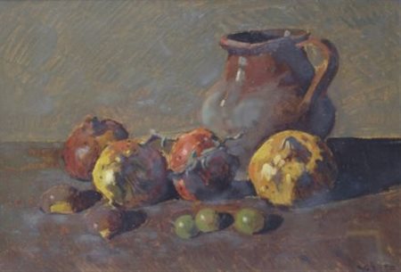 Angiolo Volpe (Livorno, 1943) MELAGRANE Olio su faesite, cm. 34,5x50 Firma in...