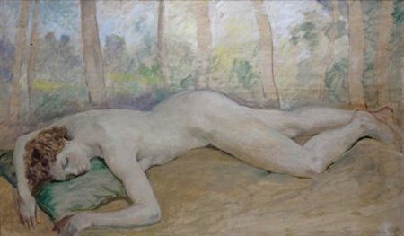 Galileo Chini (Firenze, 1873 - 1956) FIGURA CON ALBERI, 1935 Olio su...