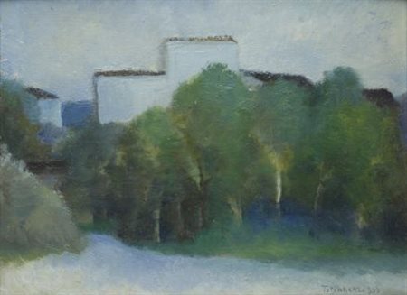 Nino Tirinnanzi (Greve in Chianti, 1923 - 2002) ALBERI E CASA, 1955 olio su...