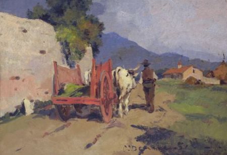 Carlo Domenici (Livorno, 1898 - 1981) IL CARRO Olio su compensato, cm. 35x49...