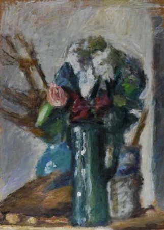 Mario Marcucci (Viareggio, 1910 - 1992) VASO VERDE CON FIORI, (1983) Olio su...