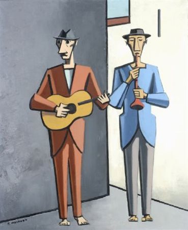 Pietro Morando (Alessandria, 1892 - 1980) CANTASTORIE Olio su tela, cm. 60x50...