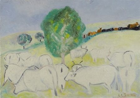 Giuseppe Cesetti (Tuscania, 1902 - 1990) MUCCHE AL PASCOLO Olio su tela, cm....