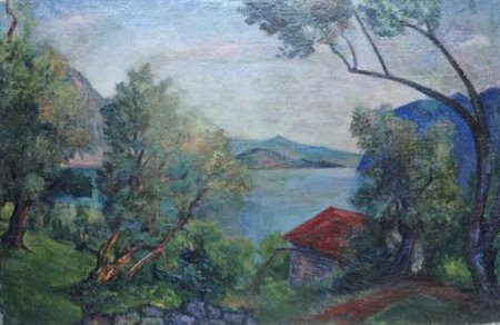 Aligi Sassu (Milano, 1912 - 2000) LAGO D’ISEO: TRAMONTO, 1947 Olio su tela,...