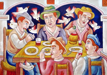 Roberto Sguanci 1948, Firenze (Fi) - [Italia] Cena contadina olio su cartone...