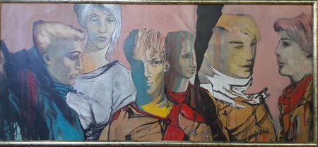 Victor Abad "Folla di giovani" - Olio su tela - cm 60x135 - Firma...