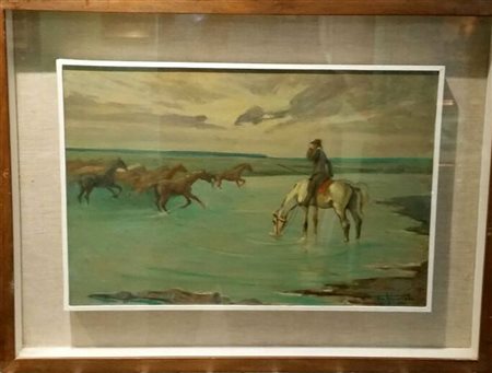 Edo Tubino "Paesaggio maremmano con buttero" - Olio su tavola - cm 30x44 -...