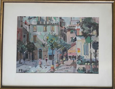 F. Bigani "Scorcio urbano" - Tempera su carta - cm 41x59 - firma in basso a sx