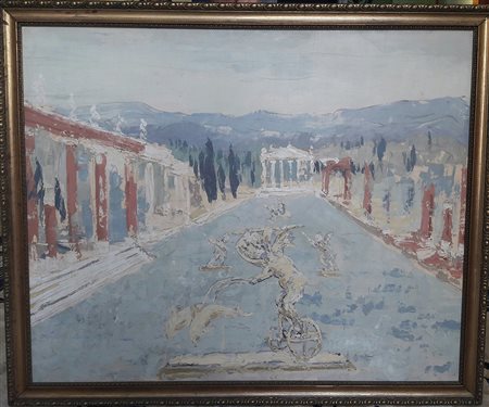 Anonimo "Scorcio di villa romana" - Tecnica mista su tavola - cm 83x67