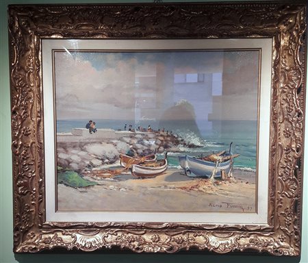 Mario Fumia "Ultimo sole sul molo (Varigotti)" - 1977 - Olio su cartone...
