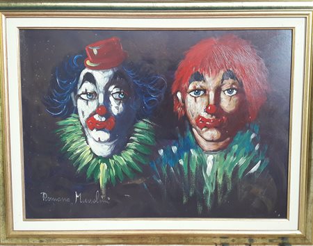 Romano Mussolini "Due Pagliacci" - Olio su masonite - cm 50x70 - Firma in...