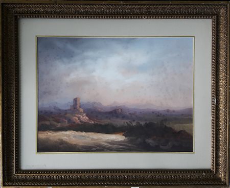 Scuola inglese dell'Ottocento "Paesaggio con rovine" - Tecnica mista su carta...