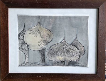 Ezio Gribaudo "Cupole a Mosca" - Anni Settanta - Tecnica mista su cartoncino-...