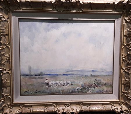Ivan Karpoff "Paesaggio con gregge" - Olio su tela - cm40x50 - Firma in basso...
