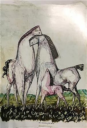 Rocco Forgione "Cavalli fantastici" - Olio su carta - cm 50x35 - Firma in...