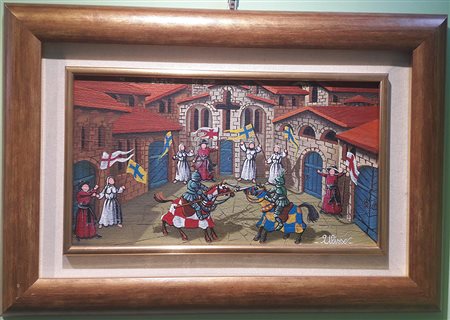 Ulisse "Il torneo"- Olio su tavola - cm 25x45 - Firma dell'artista in...