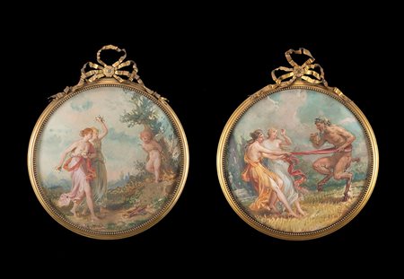 Scuola del sec. XIX "Pan ed Eros con vestali" coppia di acquerelli tondi su...